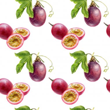 Passion fruit seamless modeli. El çizmek suluboya illüstrasyon izole beyaz arka plan üzerinde.