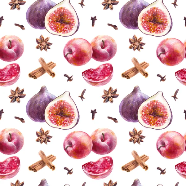 Fig Śliwek Wzór Fig Śliwek Owoce Anyż Goździki Cynamon Akwarela — Zdjęcie stockowe