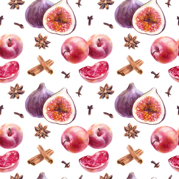 Vijgen Pruimen Naadloze Patroon Vijgen Pruimen Fruit Anijs Kruidnagel Kaneel — Stockfoto