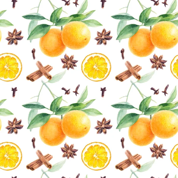Pomarańczowy Wzór Pomarańczowy Owoc Gałęzi Anyż Goździki Cynamon Akwarela Ilustracja — Zdjęcie stockowe