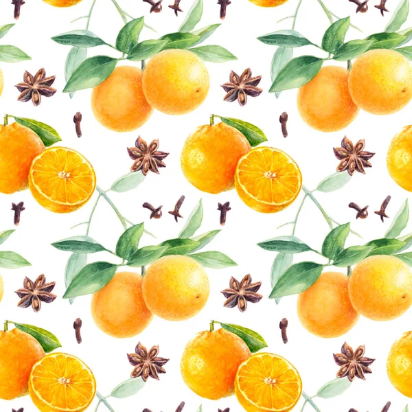 Orange seamless pattern. Orange fruit branches, anise, cloves hand draw watercolor illustration.