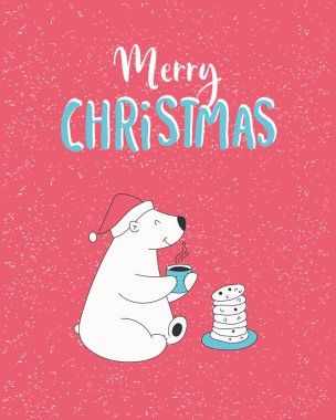 Noel Baba şapkalı şirin kutup ayısıyla el çizimi. Kurabiye yiyor, yazı yazıyor. Mutlu Noeller..