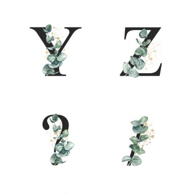 Okaliptüs filizi ve altın rengi süslemeli çiçek alfabesi.. 