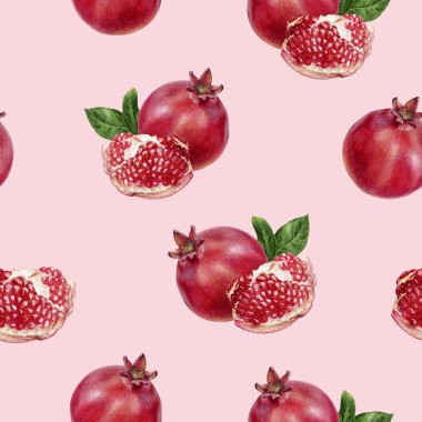 Nar meyveli el, dikişsiz sulu boya deseni çizmiş..