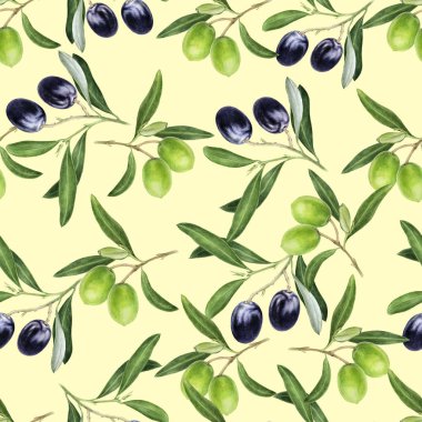 Zeytin elle çizilmiş suluboya çizimi. Kusursuz desen.