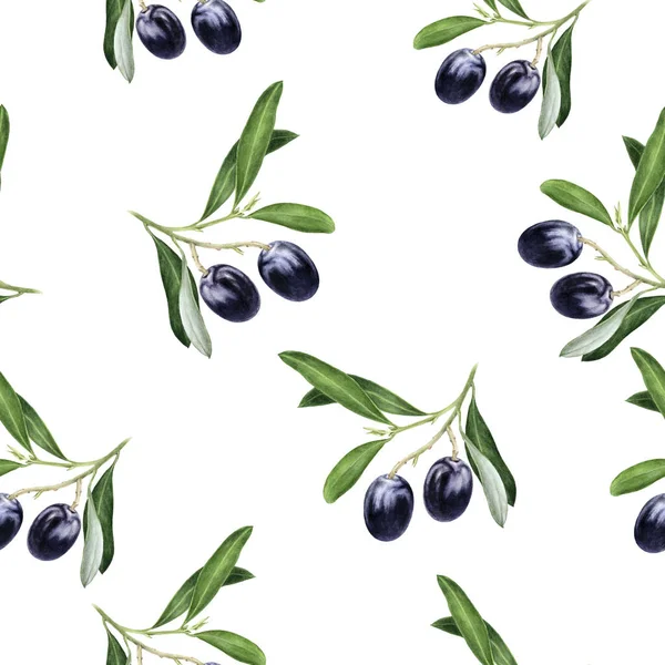 Black olives hand drawn watercolor illustration. Seamless pattern.