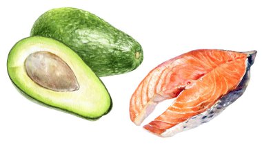 Avokado somonu beyaz arkaplanda izole edilmiş suluboya seti