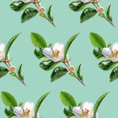 El çizimi suluboya çay yaprakları ve çiçekli el çizimi suluboya çizimi. Kusursuz desen.