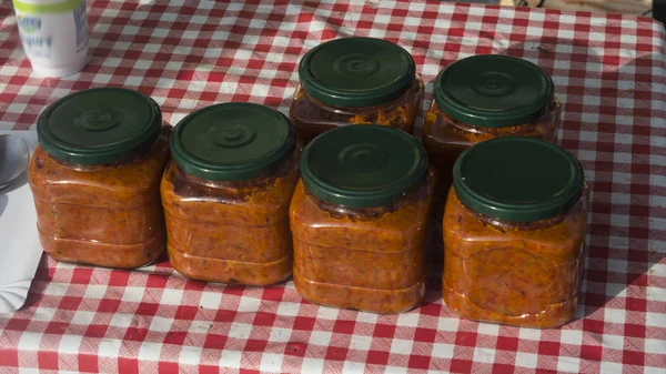 Fresh Ajvar in jars — Stock Photo, Image