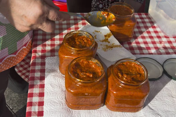 Fresh Ajvar in jars — Stock Photo, Image