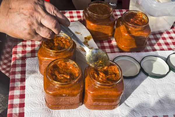 Fresh Ajvar in jars — Stock Photo, Image