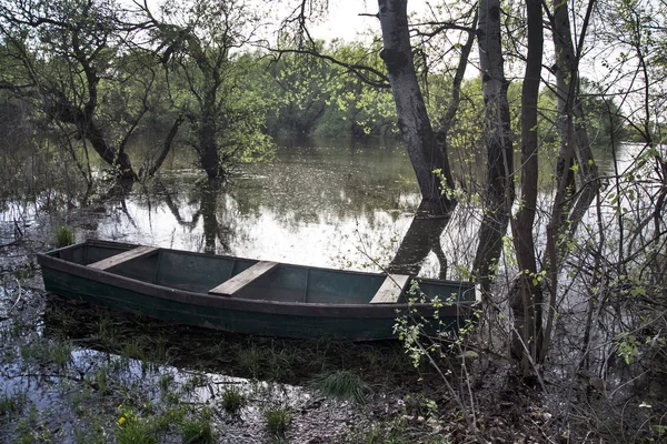 Viejo Río Tisa Fluye Silenciosamente Través Llanura Los Barcos Pesqueros — Foto de Stock