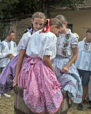 Aradac, Sırbistan, 07 Eylül 2019. Çıplak ayaklı kızlar gazlı bez üzümleri. Geleneksel Slovaklar, her yıl Eylül ayı başlarında gerçekleşen üzüm hasadının başlangıcını kutluyor.