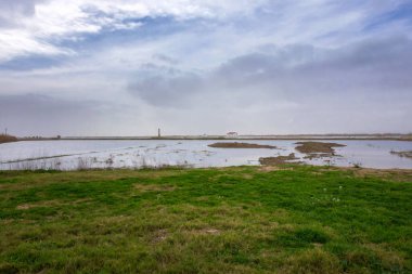 panoramik izole bir evin ortasında bir lagün yüzey albufera's Park Valencia, İspanya