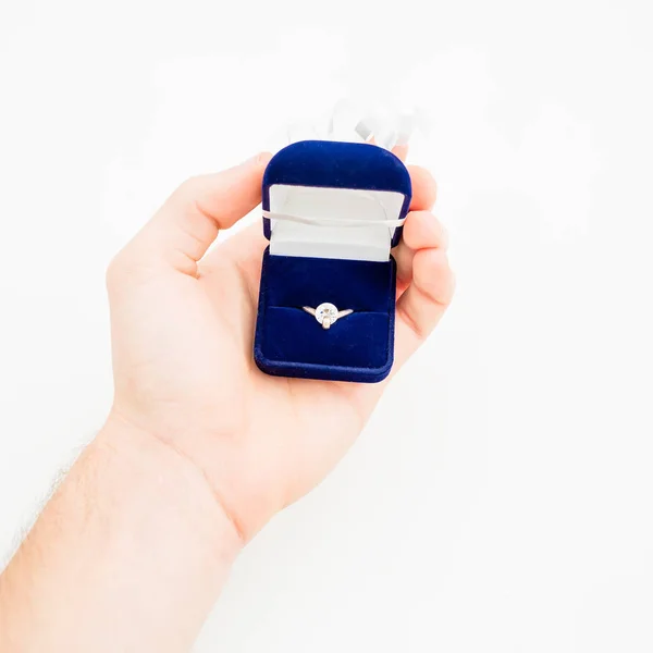 Male Hand Holding Engagement Ring Blue Case — Stock Photo, Image