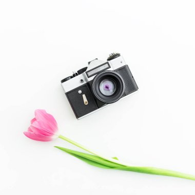 Lale çiçek ile vintage fotoğraf makinesi