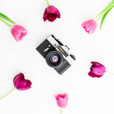 Lale çiçek ile vintage fotoğraf makinesi