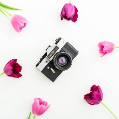 Lale çiçek ile vintage fotoğraf makinesi