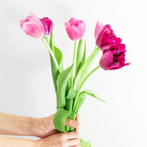 Γυναικεία χέρια κρατώντας λουλούδια τουλίπα — Φωτογραφία Αρχείου