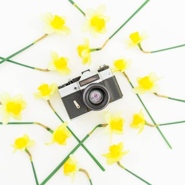 çiçeklerle süslenmiş retro fotoğraf makinesi 