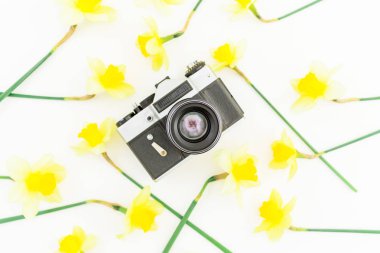 çiçeklerle süslenmiş retro fotoğraf makinesi 