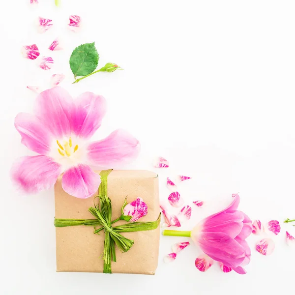 pink  tulip flowers and gift