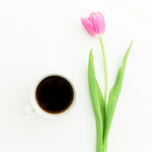 Цветок тюльпана с чашкой кофе — стоковое фото