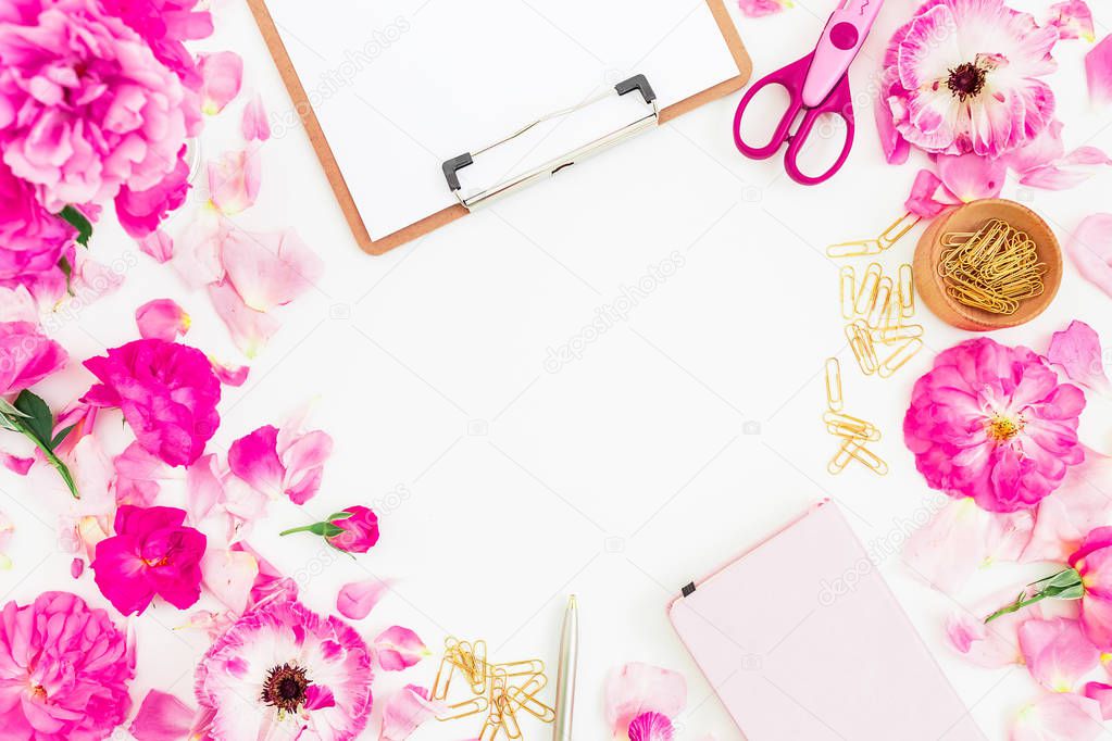  composition with clipboard, notebook, pink flowers