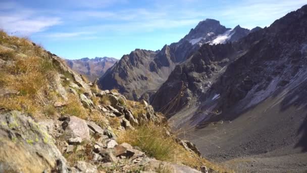 Горный альпийский пейзаж с травой. Горные вершины — стоковое видео