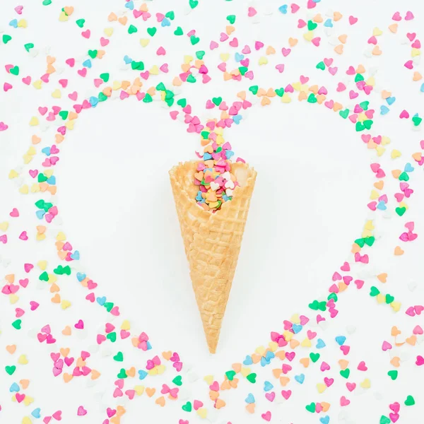 Heart Symbol Made Colorful Candy Confetti Waffle Cone White Background — Stock Photo, Image