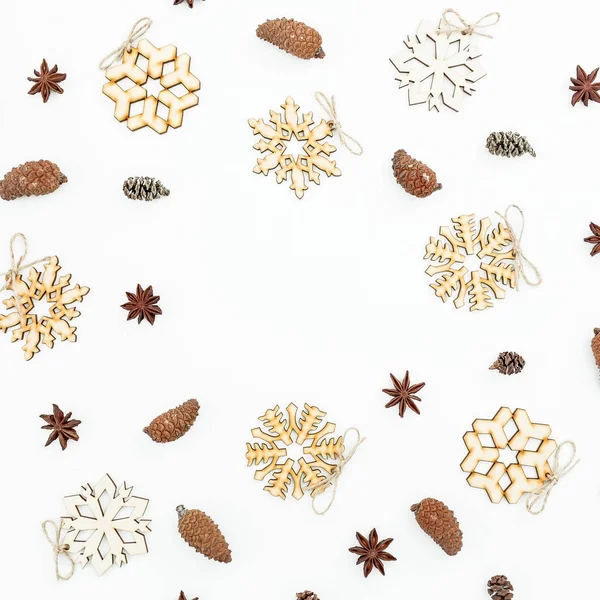 Christmas Snowflakes Cones White Background Christmas Concept Flat Lay Top — Stock Photo, Image