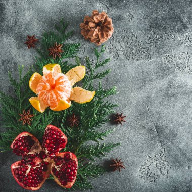 dalları, lezzetli mandalina ve ve nar koyu arka plan üzerinde. Yeni yıl kavramı, kopya alanı. Düz yatıyordu. Üstten Görünüm