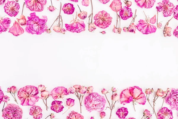 Cadre Floral Avec Roses Isolées Sur Fond Blanc Plat Vue — Photo