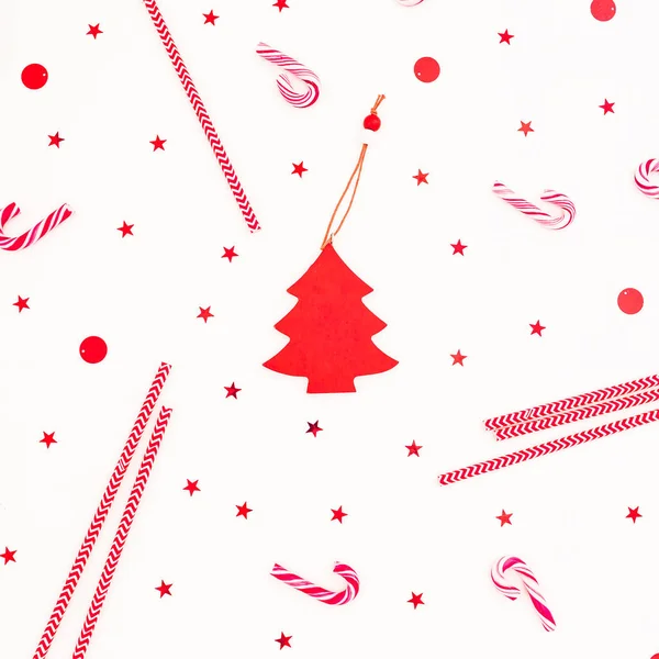 Weihnachtskomposition Auf Weißem Hintergrund Flache Lage Draufsicht Neujahrskonzept — Stockfoto