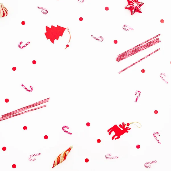 New Year Concept Christmas Decoration Candy Canes Red Confetti White — Stock Photo, Image