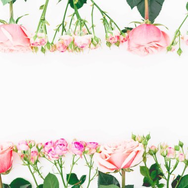 Çerçeve çiçek gül beyaz arka plan üzerinde yapılmış. Düz yatıyordu, en iyi görünüm. Sevgililer günü kavramı