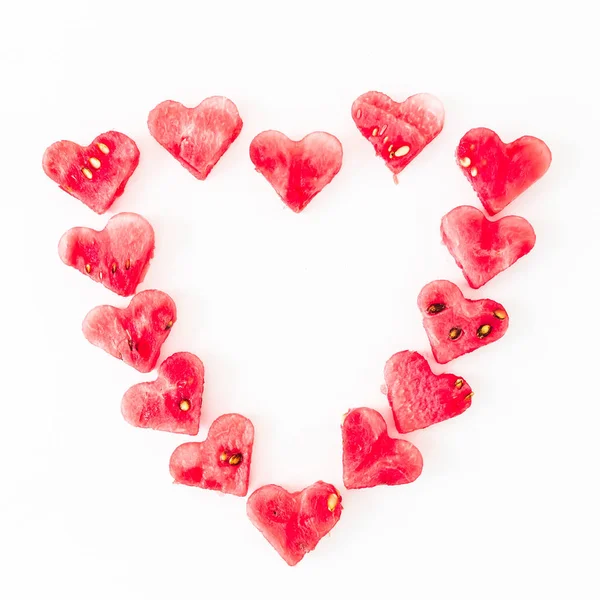 Hart Gemaakt Van Watermeloen Slices Witte Achtergrond Aftelkalender Voor Valentijnsdag — Stockfoto