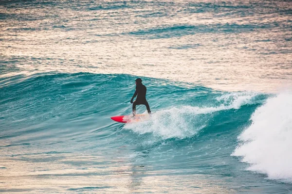 Surfista Montado Onda Perfeita Oceano Pôr Sol Surf Inverno Maiô — Fotografia de Stock
