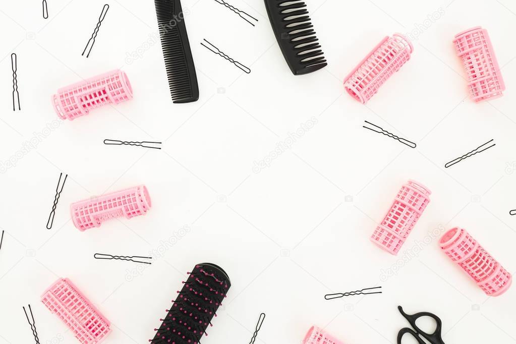 Hairdresser tools on white background. Beauty composition. Copy space. Flat lay, top view