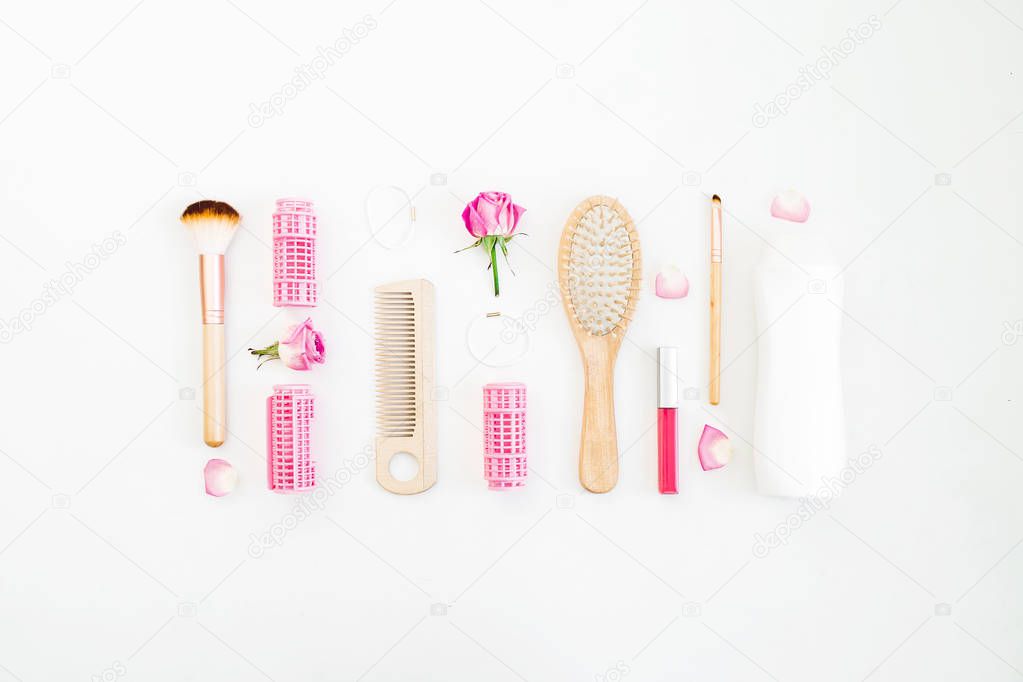 Hair styling concept with tools on white background. Beauty composition. Flat lay, top view