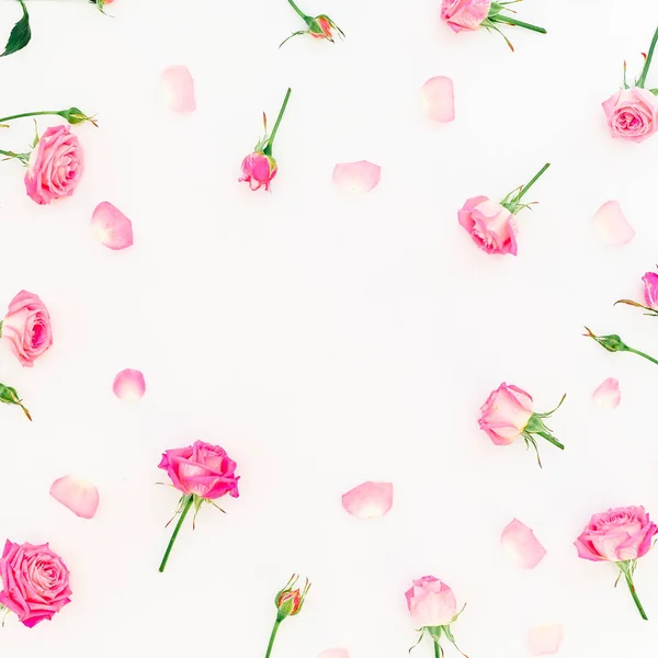 Padrão Floral Com Rosas Cor Rosa Sobre Fundo Branco Flat — Fotografia de Stock