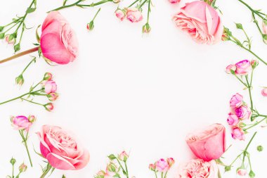 Çiçek desenli beyaz arka plan üzerinde pembe Güllü. Düz yatıyordu, en iyi görünümü. 