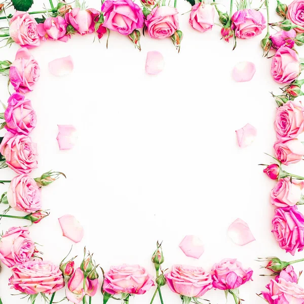 Blumenmuster Mit Rosa Rosen Auf Hellem Hintergrund Flache Lage Draufsicht — Stockfoto