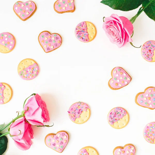 Cookies Pink Glaze Roses White Background Love Composition Flat Lay — Stock Photo, Image