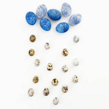 Mavi benekli Paskalya yumurtası bıldırcın ile beyaz arka plan üzerinde yumurta. Düz yatıyordu. Üstten Görünüm. Bulut ve yağmur Paskalya yumurta yaptı.