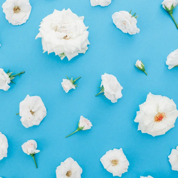 Rosas Blancas Flores Sobre Fondo Pastel Azul Asiento Plano Vista — Foto de Stock