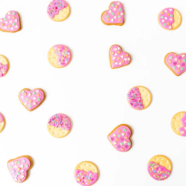 Cookies Pink Glaze White Background Love Composition Flat Lay Top — Stock Photo, Image