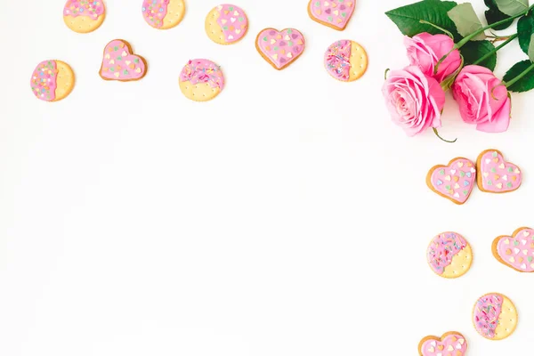 Cookies Pink Glaze Roses White Background Love Composition Flat Lay — Stock Photo, Image
