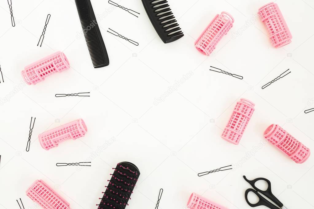 Hairdresser tools isolated on white background. Beauty composition. Copy space. Flat lay, top view