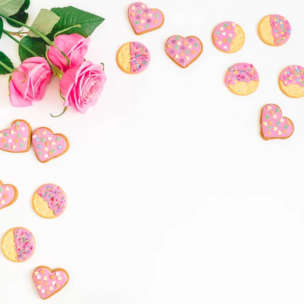 Cookies Pink Glaze Roses White Background Love Composition Flat Lay — Stock Photo, Image